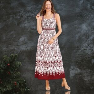 NWT Talbots Modern Poplin Fit & Flare Dress in White/Sangria Bohemian Medallion